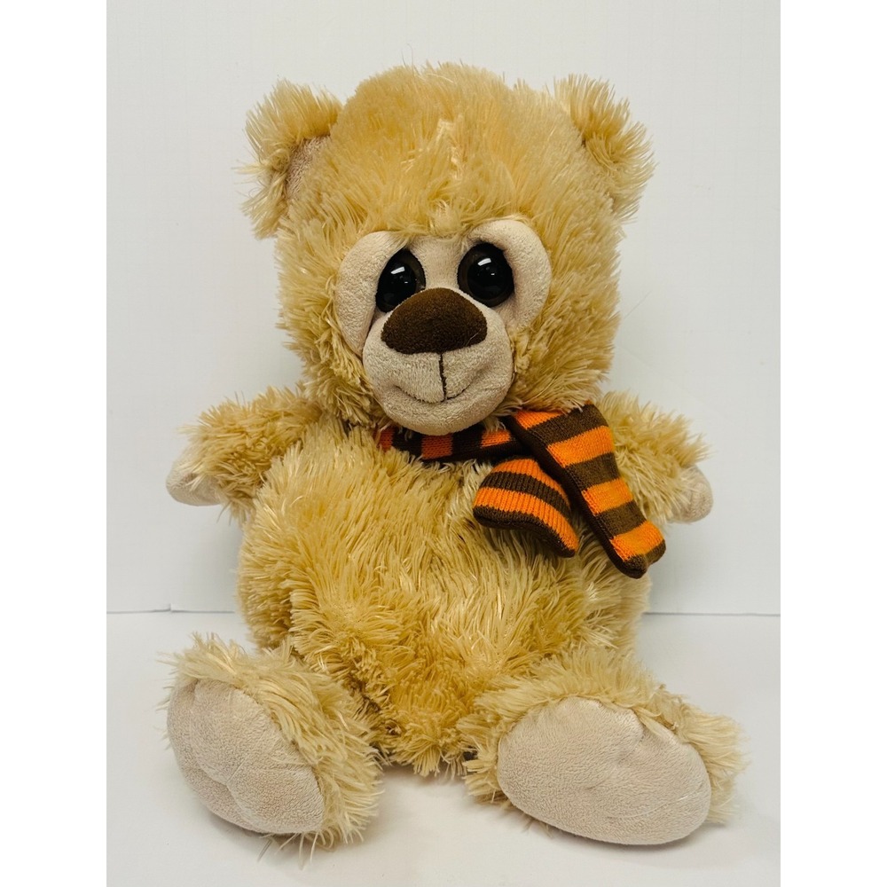 Kellytoy Big Eyed Shaggy Kluxe 12" Teddy Bear Brown/ Orange Scarf Stuffed Plush